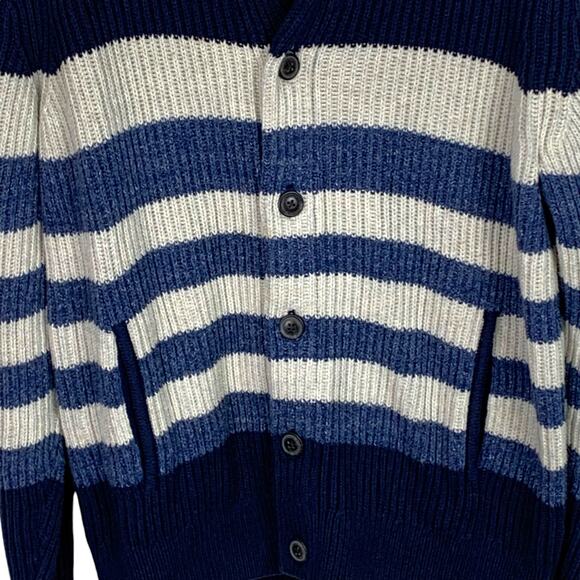 GAP Mens MCotton Blend Shawl Collar Ribbed Blue Strip Cardigan Pockets - Picture 4 of 11